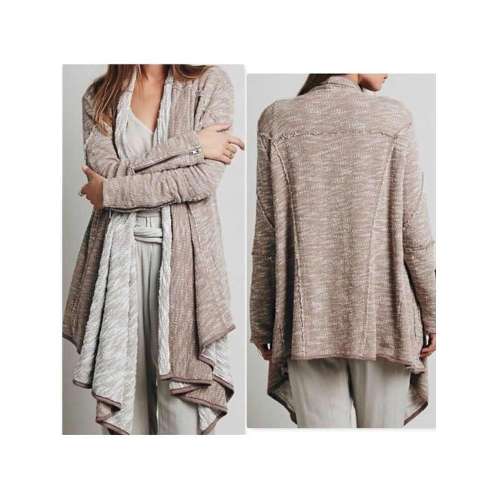 Free People French Cuff Cardigan Brown White Waterfall Open Knit Zip Cuff